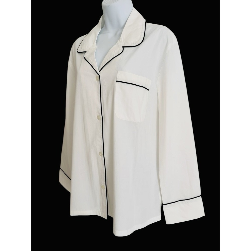 Quince Women Pajama Top Shirt L White Black Piping Organic Cotton Poplin Button - Picture 4 of 10